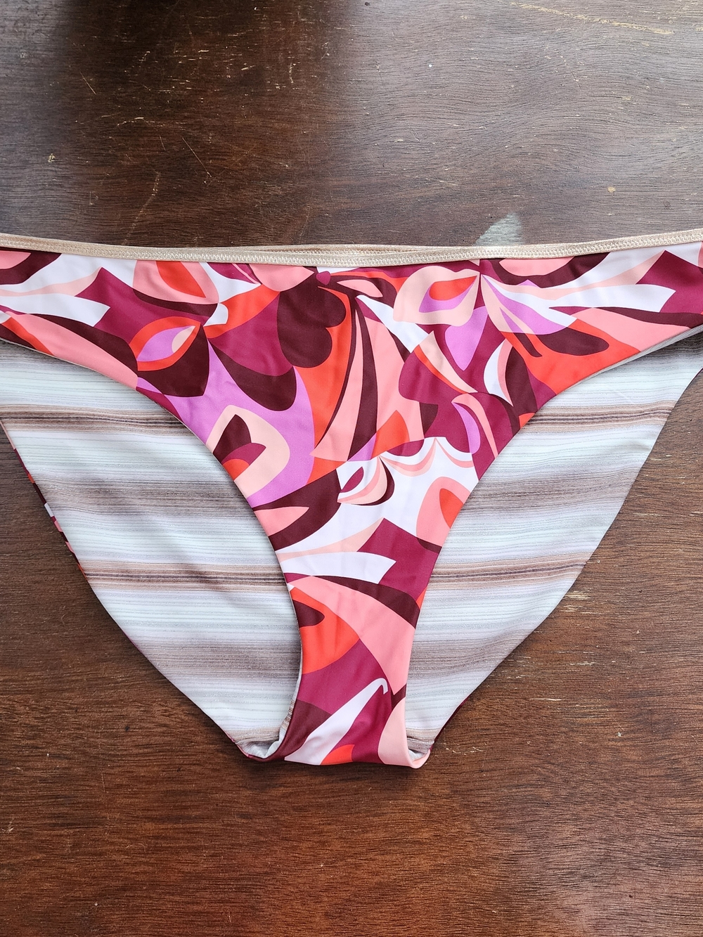 Aerie Reversible Bikini Bottoms Metallic Gold Trim Abstract Floral Striped [XXL]